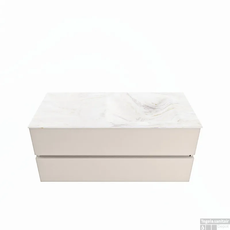 Weekendaanbieding MONDIAZ VICA-DLUX 110cm badmeubel onderkast Linen 2 lades. Inbouw wastafel CLOUD rechts zonder kraangat, kleur Ostra.