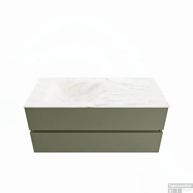 Seizoensaanbieding MONDIAZ VICA-DLUX 110cm badmeubel onderkast Army 2 lades. Inbouw wastafel CLOUD links 1 kraangat, kleur Ostra.