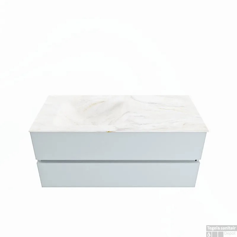 Exclusieve Aanbieding MONDIAZ VICA-DLUX 110cm badmeubel onderkast Clay 2 lades. Inbouw wastafel CLOUD links zonder kraangat, kleur Ostra.