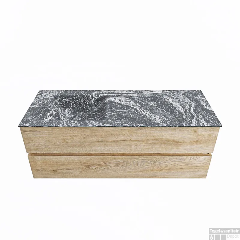 Gereduceerde Prijs MONDIAZ VICA-DLUX 130cm badmeubel onderkast Washed Oak 2 lades. Inbouw wastafel CLOUD links zonder kraangat, kleur Lava.