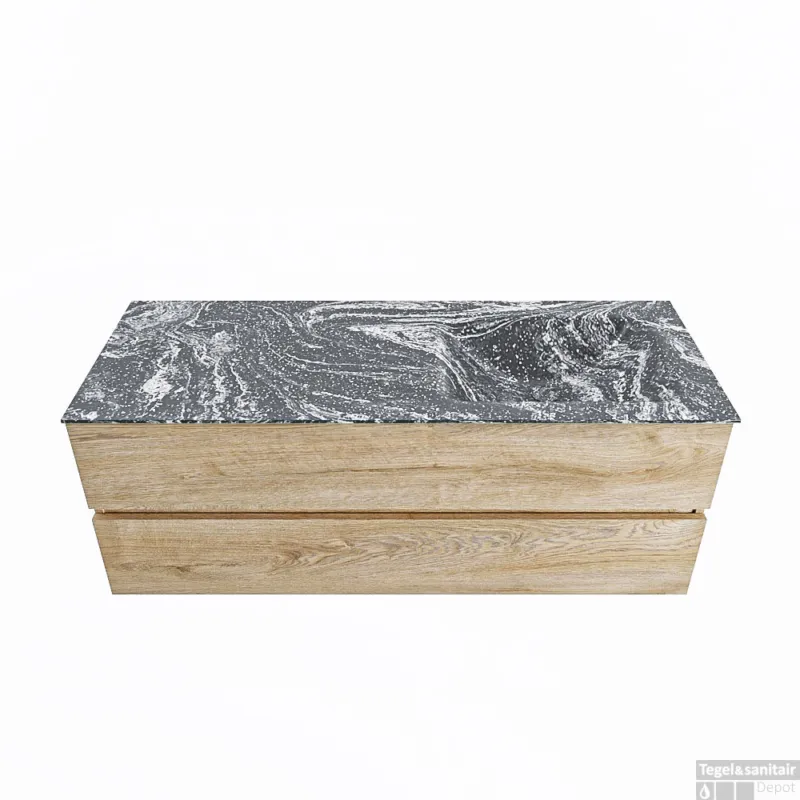 Superprijs MONDIAZ VICA-DLUX 130cm badmeubel onderkast Washed Oak 2 lades. Inbouw wastafel CLOUD rechts zonder kraangat, kleur Lava.