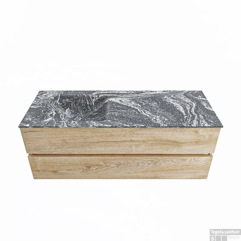 MONDIAZ VICA-DLUX 130cm badmeubel onderkast Washed Oak 2 lades. Inbouw wastafel CLOUD links 1 kraangat, kleur Lava. Goedkoop