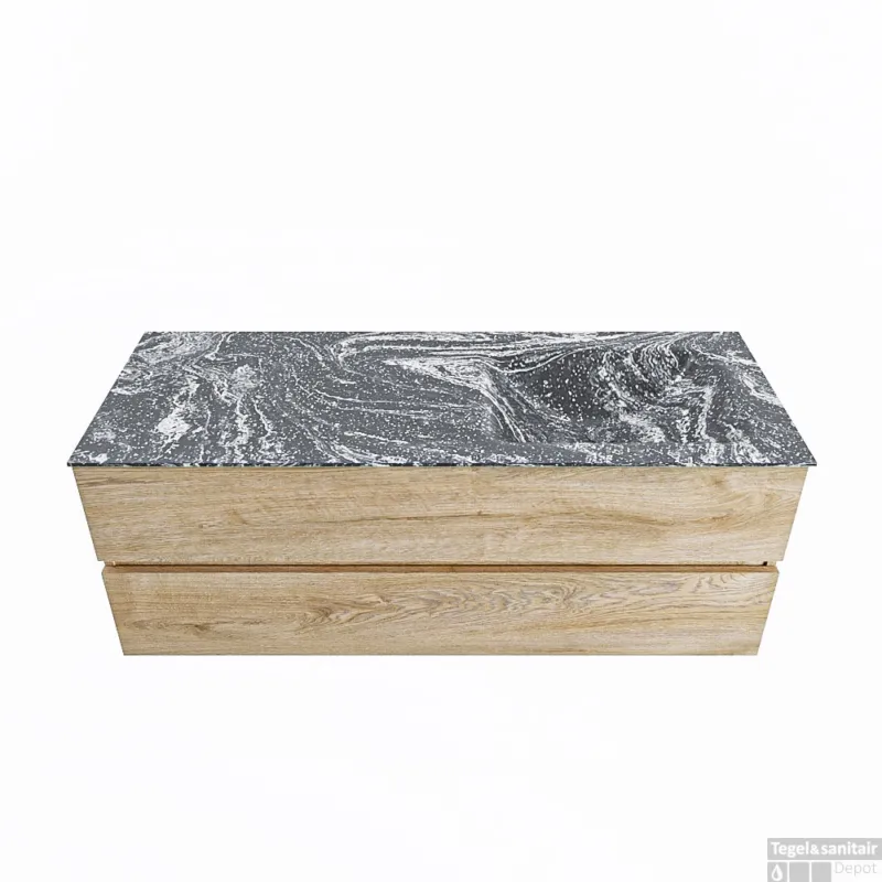 Fabrieksprijs MONDIAZ VICA-DLUX 130cm badmeubel onderkast Washed Oak 2 lades. Inbouw wastafel CLOUD rechts 1 kraangat, kleur Lava.