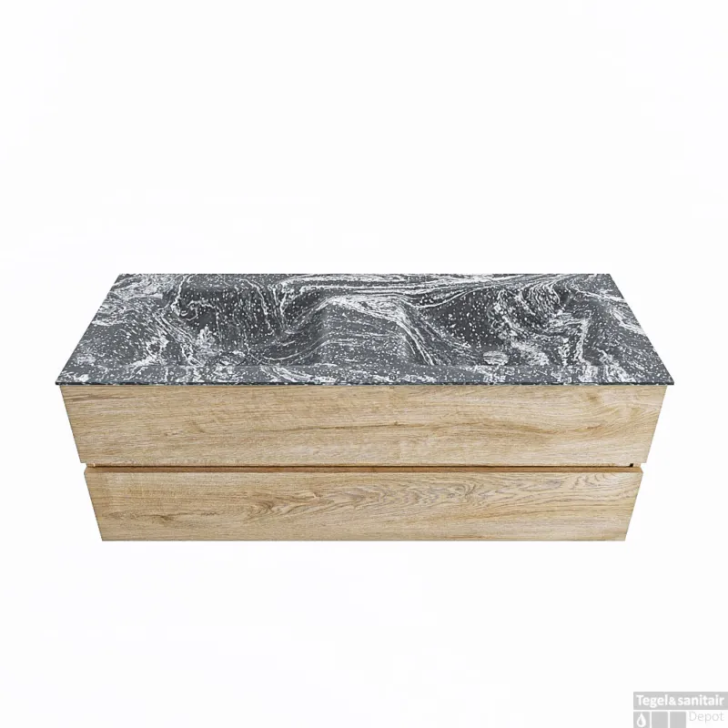 Beperkte Voorraad MONDIAZ VICA-DLUX 130cm badmeubel onderkast Washed Oak 2 lades. Inbouw wastafel CLOUD dubbel 2 kraangaten, kleur Lava.