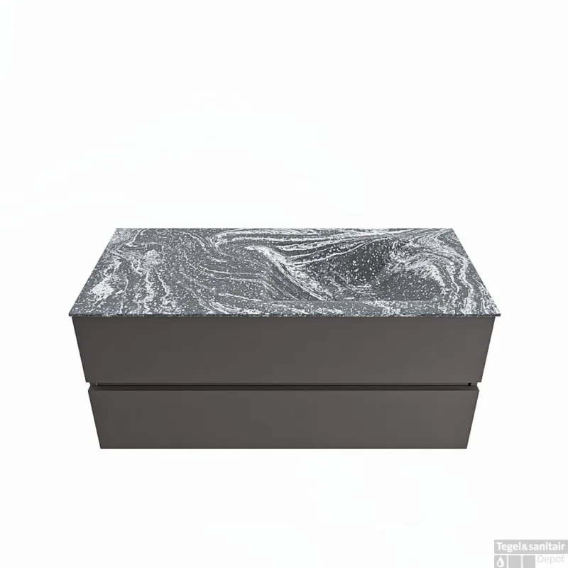 Uitverkoop MONDIAZ VICA-DLUX 110cm badmeubel onderkast Dark grey 2 lades. Inbouw wastafel CLOUD rechts zonder kraangat, kleur Lava.