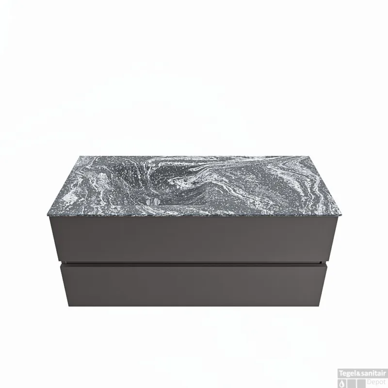 MONDIAZ VICA-DLUX 110cm badmeubel onderkast Dark grey 2 lades. Inbouw wastafel CLOUD links 1 kraangat, kleur Lava. Hete Deal