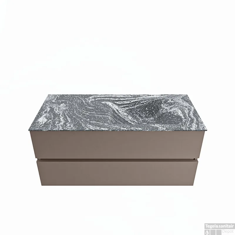MONDIAZ VICA-DLUX 110cm badmeubel onderkast Smoke 2 lades. Inbouw wastafel CLOUD rechts zonder kraangat, kleur Lava. Direct Beschikbaar