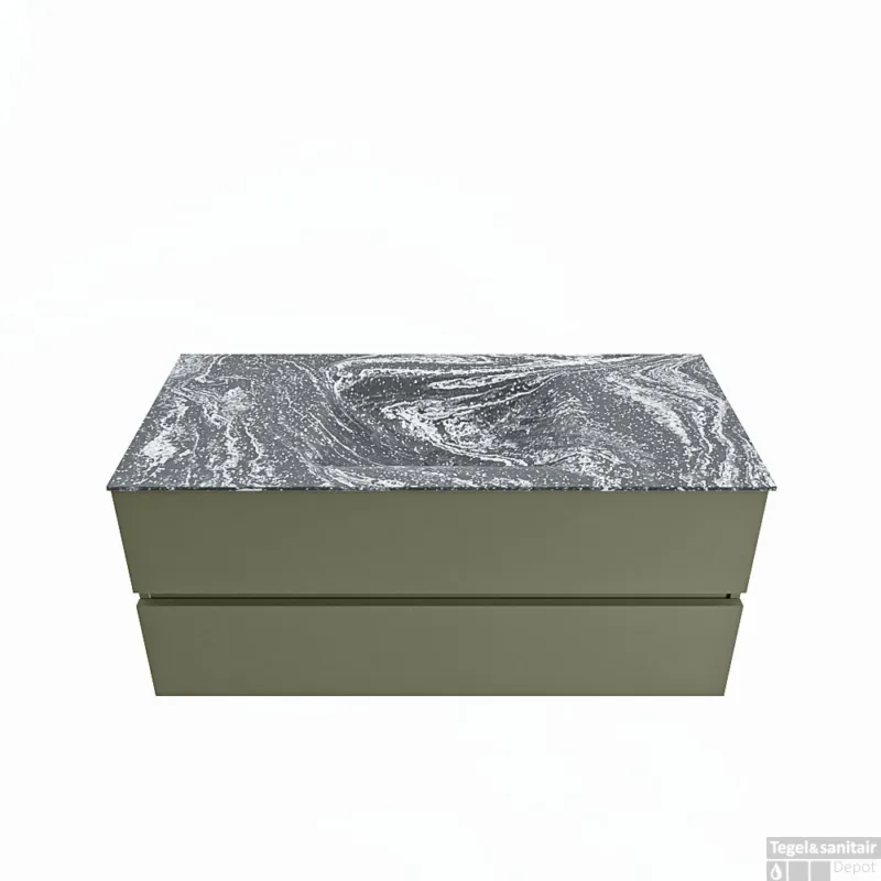 Korting MONDIAZ VICA-DLUX 110cm badmeubel onderkast Army 2 lades. Inbouw wastafel CLOUD midden zonder kraangat, kleur Lava.