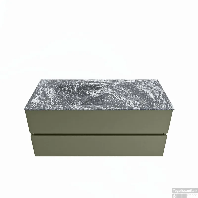Tijdelijk Beschikbaar MONDIAZ VICA-DLUX 110cm badmeubel onderkast Army 2 lades. Inbouw wastafel CLOUD links zonder kraangat, kleur Lava.