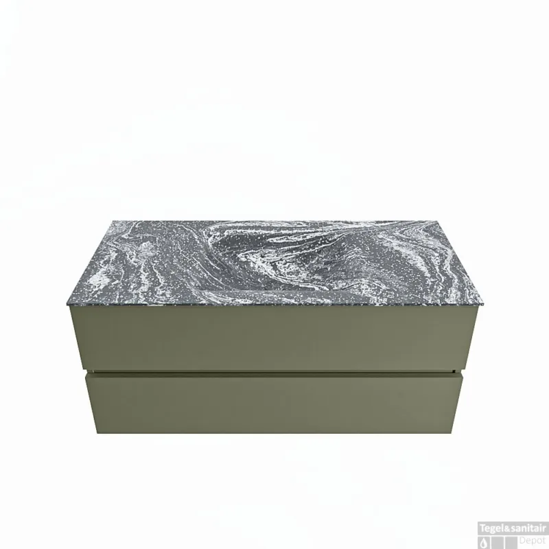 Op = Op MONDIAZ VICA-DLUX 110cm badmeubel onderkast Army 2 lades. Inbouw wastafel CLOUD midden 1 kraangat, kleur Lava.