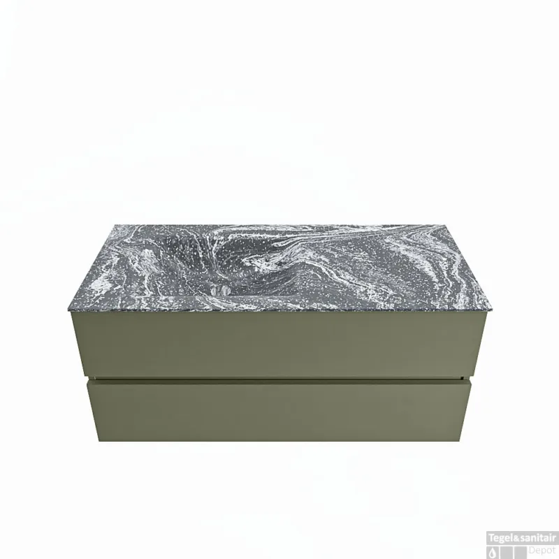 MONDIAZ VICA-DLUX 110cm badmeubel onderkast Army 2 lades. Inbouw wastafel CLOUD links 1 kraangat, kleur Lava. Fabrieksprijs