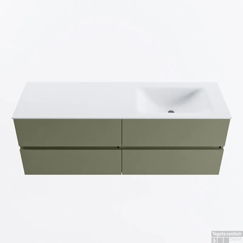 Hete Deal MONDIAZ VICA 140cm badmeubel onderkast Army 4 lades. Wastafel CLOUD rechts 1 kraangat, kleur Talc.