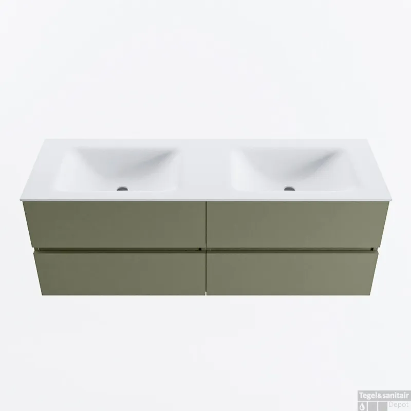 Actieprijs MONDIAZ VICA 140cm badmeubel onderkast Army 4 lades. Wastafel CLOUD dubbel zonder kraangat, kleur Talc.
