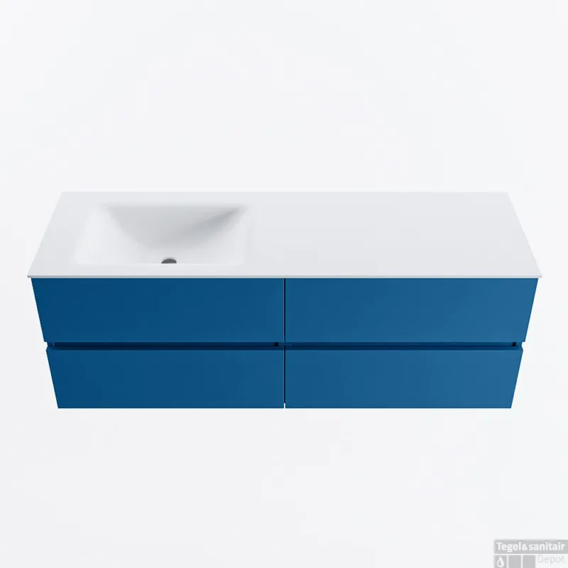Bestseller MONDIAZ VICA 140cm badmeubel onderkast Jeans 4 lades. Wastafel CLOUD links 1 kraangat, kleur Talc.