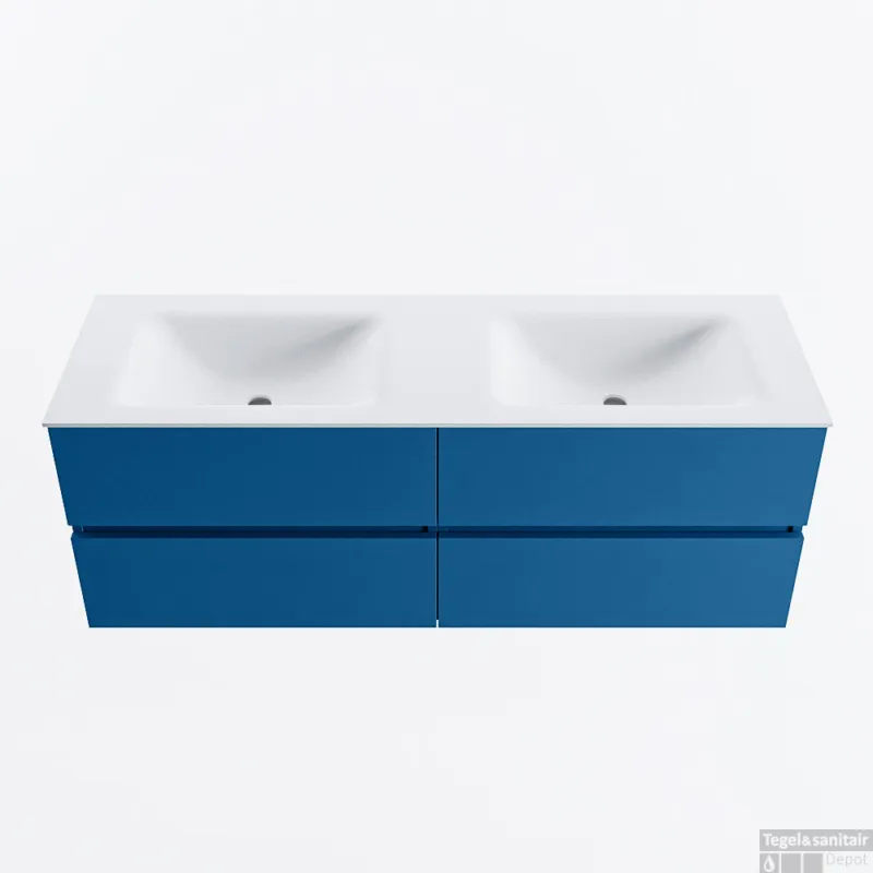 MONDIAZ VICA 140cm badmeubel onderkast Jeans 4 lades. Wastafel CLOUD dubbel zonder kraangat, kleur Talc. Lage Prijs