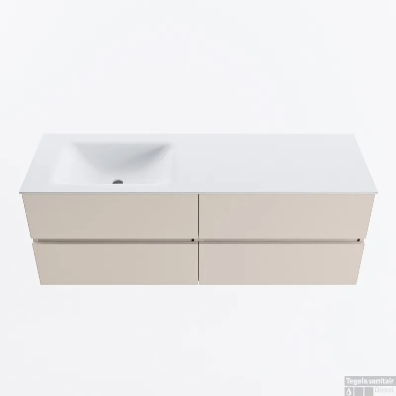MONDIAZ VICA 140cm badmeubel onderkast Linen 4 lades. Wastafel CLOUD links zonder kraangat, kleur Talc. Premium