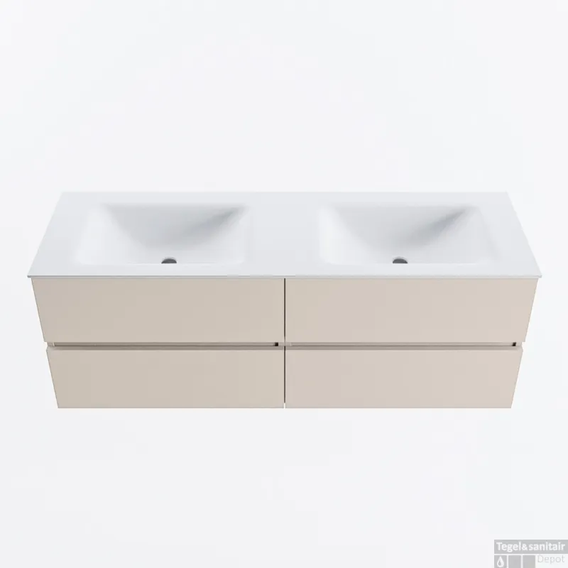 Fabrieksprijs MONDIAZ VICA 140cm badmeubel onderkast Linen 4 lades. Wastafel CLOUD dubbel zonder kraangat, kleur Talc.