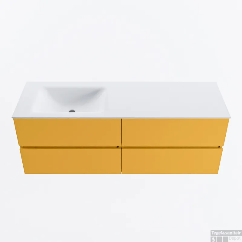 MONDIAZ VICA 140cm badmeubel onderkast Ocher 4 lades. Wastafel CLOUD links zonder kraangat, kleur Talc. Nieuw