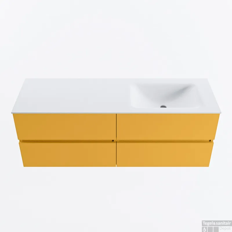 MONDIAZ VICA 140cm badmeubel onderkast Ocher 4 lades. Wastafel CLOUD rechts zonder kraangat, kleur Talc. Superprijs