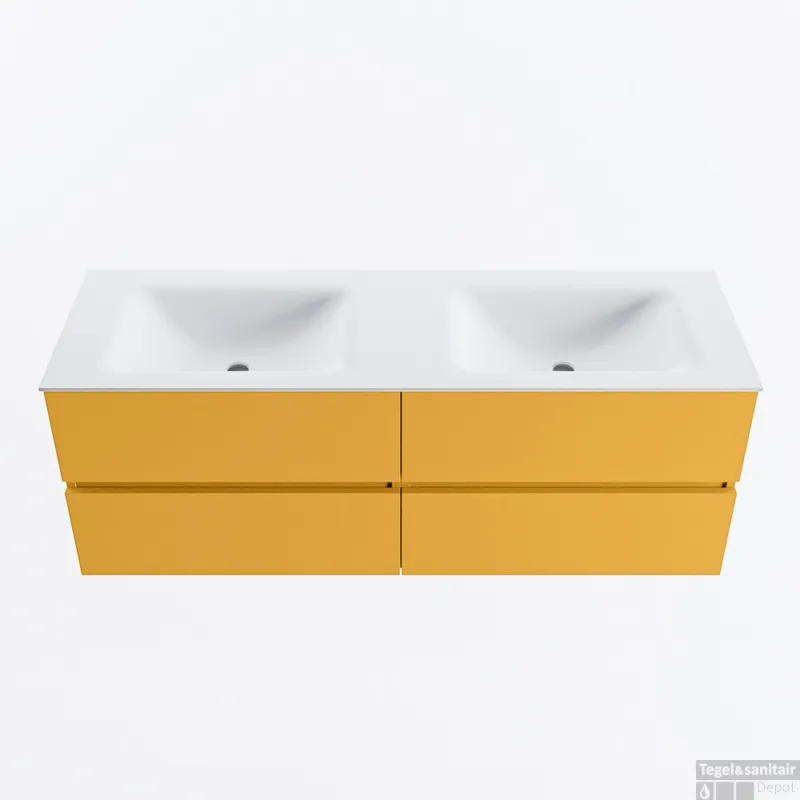 Alleen Vandaag MONDIAZ VICA 140cm badmeubel onderkast Ocher 4 lades. Wastafel CLOUD dubbel zonder kraangat, kleur Talc.