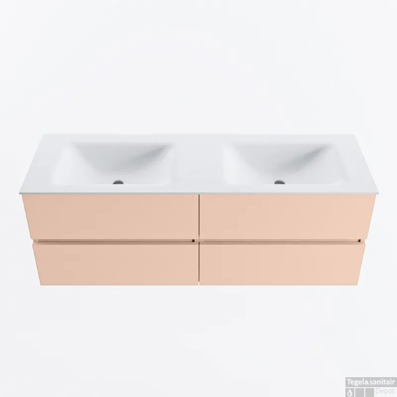 MONDIAZ VICA 140cm badmeubel onderkast Rosee 4 lades. Wastafel CLOUD dubbel 2 kraangaten, kleur Talc. Beperkte Voorraad