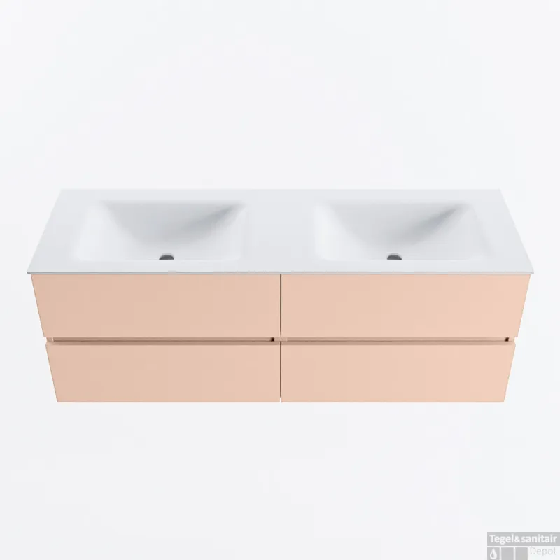 Dagaanbieding MONDIAZ VICA 140cm badmeubel onderkast Rosee 4 lades. Wastafel CLOUD dubbel zonder kraangat, kleur Talc.