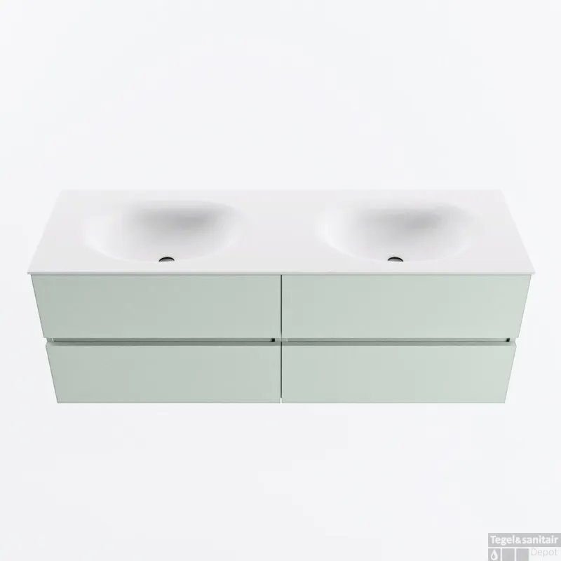 Fabrieksprijs MONDIAZ VICA 140cm badmeubel onderkast Greey 4 lades. Wastafel MOON dubbel 2 kraangaten, kleur Talc.