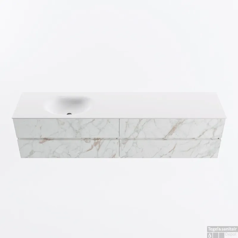 MONDIAZ VICA 200cm badmeubel onderkast Carrara 4 lades. Wastafel MOON links 1 kraangat, kleur Talc. Korting