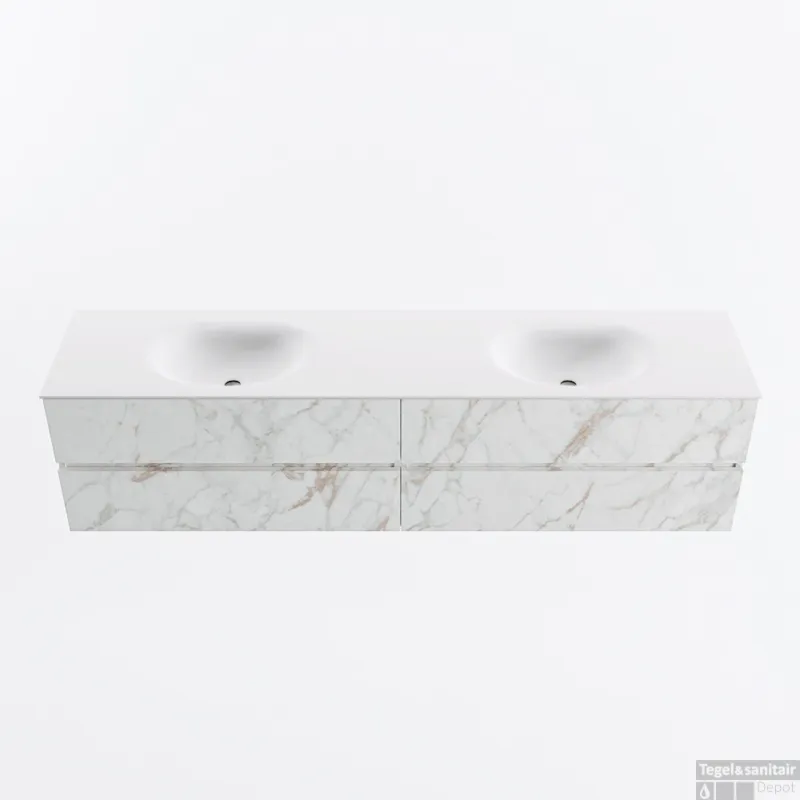 Rechtstreeks Van De Fabrikant MONDIAZ VICA 200cm badmeubel onderkast Carrara 4 lades. Wastafel MOON dubbel 2 kraangaten, kleur Talc.