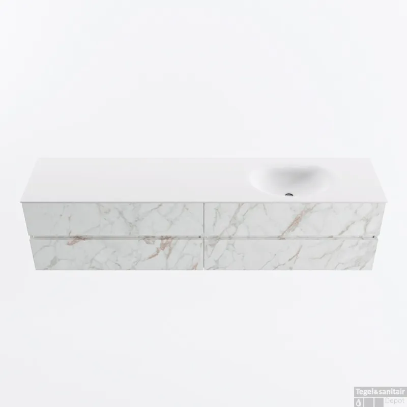 Superprijs MONDIAZ VICA 200cm badmeubel onderkast Carrara 4 lades. Wastafel MOON rechts zonder kraangat, kleur Talc.