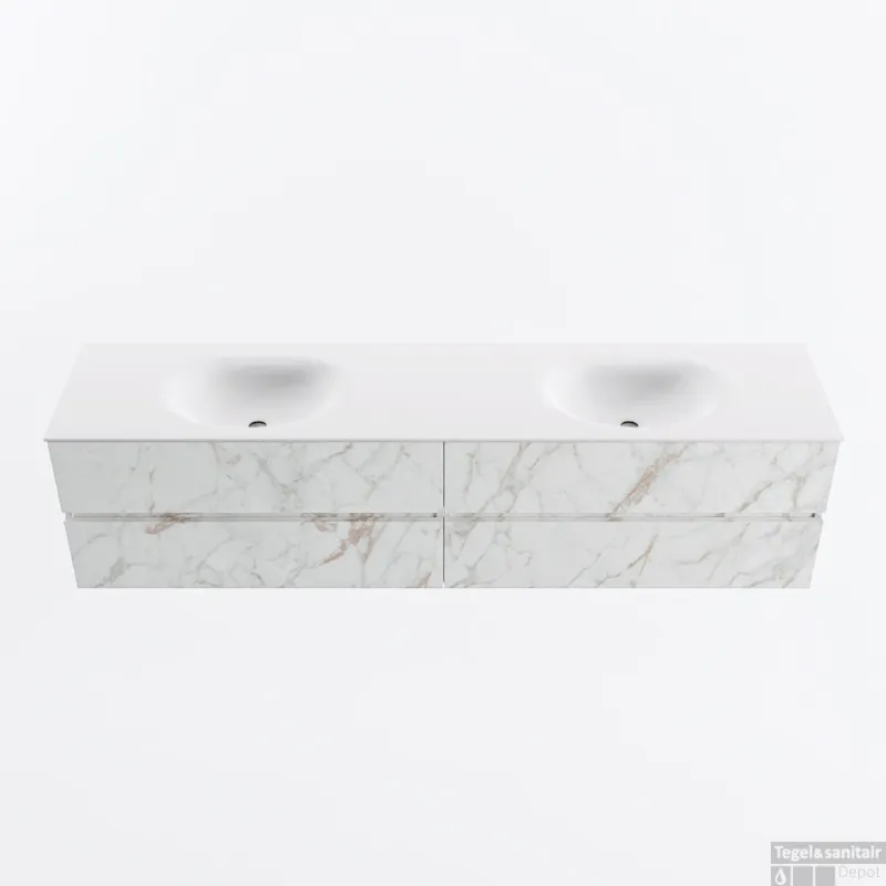 Seizoensaanbieding MONDIAZ VICA 200cm badmeubel onderkast Carrara 4 lades. Wastafel MOON dubbel zonder kraangat, kleur Talc.