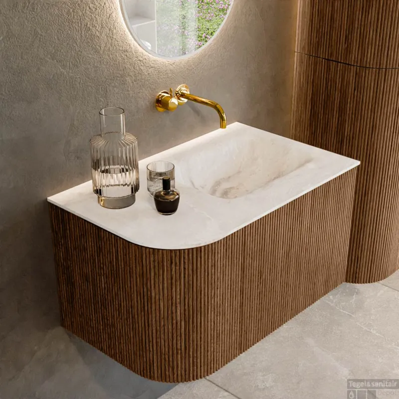 Fabrieksprijs Mondiaz KURVE-DLUX 75 cm Onderkast Greeploos 1 Lade Met Deuren Walnut, Wastafel Solid Surface Rechts Frappe 0 Kraangaten Zonder Spiegel (KRVGRU75L1L1D0KR-Wal/Fra)