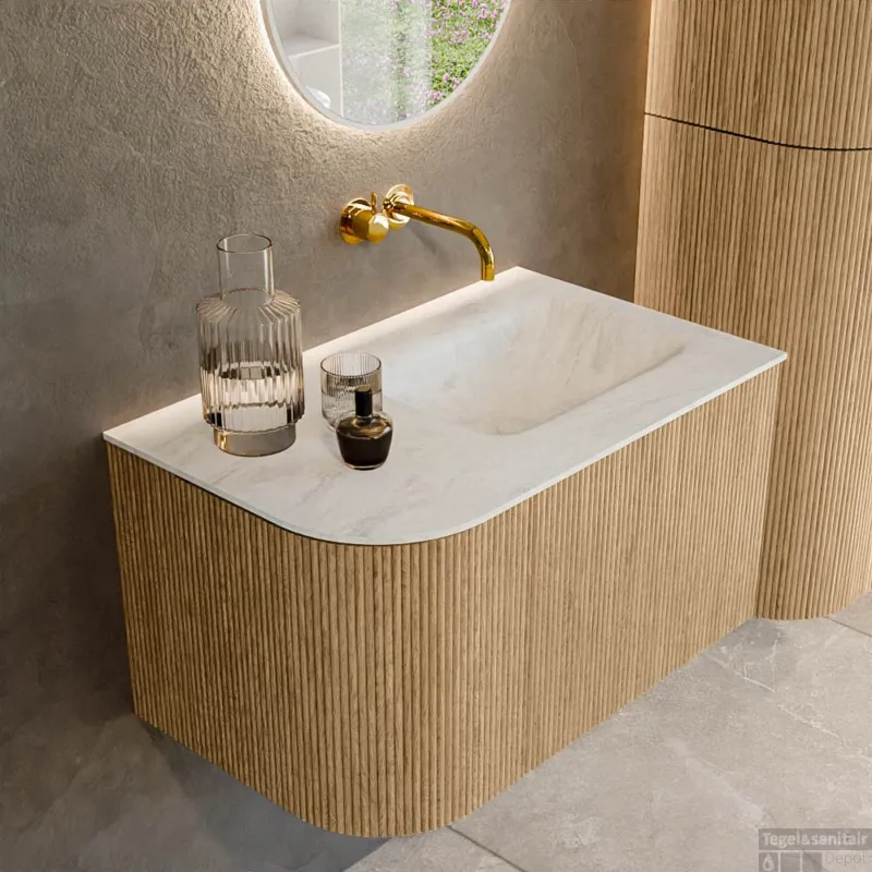 Mondiaz KURVE-DLUX 75 cm Onderkast Greeploos 1 Lade Met Deuren Oak, Wastafel Solid Surface Rechts Opalo 0 Kraangaten Zonder Spiegel (KRVGRU75L1L1D0KR-Oak/Opa) Flitsaanbieding