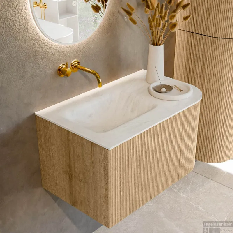 Koop Vandaag Mondiaz KURVE-DLUX 75 cm Onderkast Greeploos 1 Lade Met Deuren Oak, Wastafel Solid Surface Links Opalo 0 Kraangaten Zonder Spiegel (KRVGRU75R1L1D0KL-Oak/Opa)