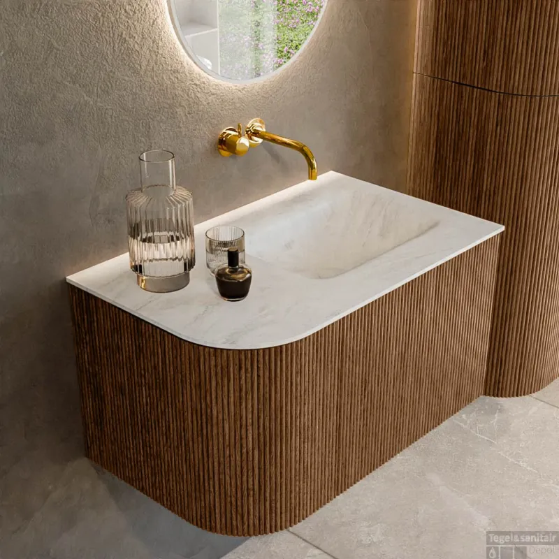 Korting Mondiaz KURVE-DLUX 75 cm Onderkast Greeploos 1 Lade Met Deuren Walnut, Wastafel Solid Surface Rechts Opalo 0 Kraangaten Zonder Spiegel (KRVGRU75L1L1D0KR-Wal/Opa)
