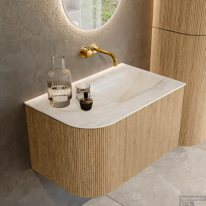 Mondiaz KURVE-DLUX 75 cm Onderkast Greeploos 1 Lade Met Deuren Oak, Wastafel Solid Surface Rechts Ostra 0 Kraangaten Zonder Spiegel (KRVGRU75L1L1D0KR-Oak/Ost) Koopje