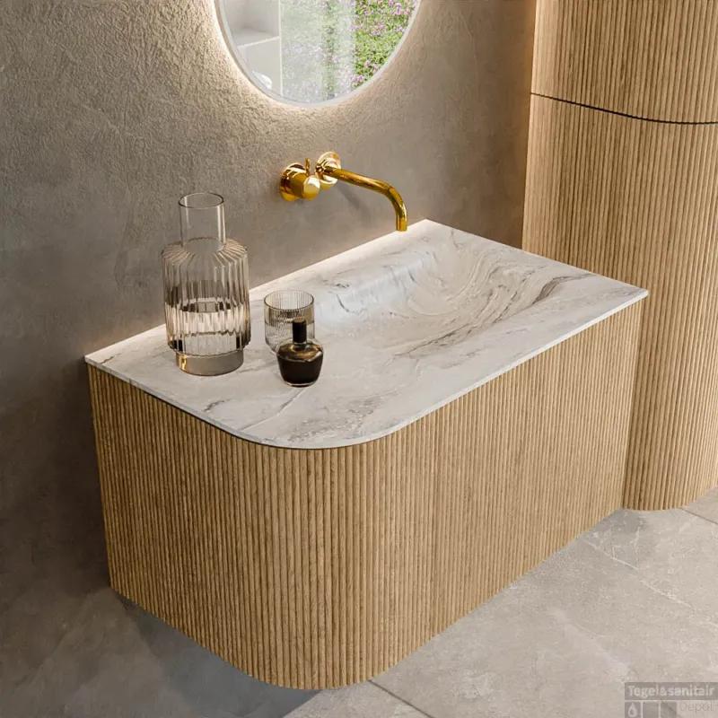 Mondiaz KURVE-DLUX 75 cm Onderkast Greeploos 1 Lade Met Deuren Oak, Wastafel Solid Surface Rechts Glace 0 Kraangaten Zonder Spiegel (KRVGRU75L1L1D0KR-Oak/Gla) Rechtstreeks Van De Fabrikant