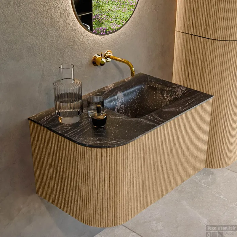 Mondiaz KURVE-DLUX 75 cm Onderkast Greeploos 1 Lade Met Deuren Oak, Wastafel Solid Surface Rechts Lava 0 Kraangaten Zonder Spiegel (KRVGRU75L1L1D0KR-Oak/Lav) Direct Beschikbaar