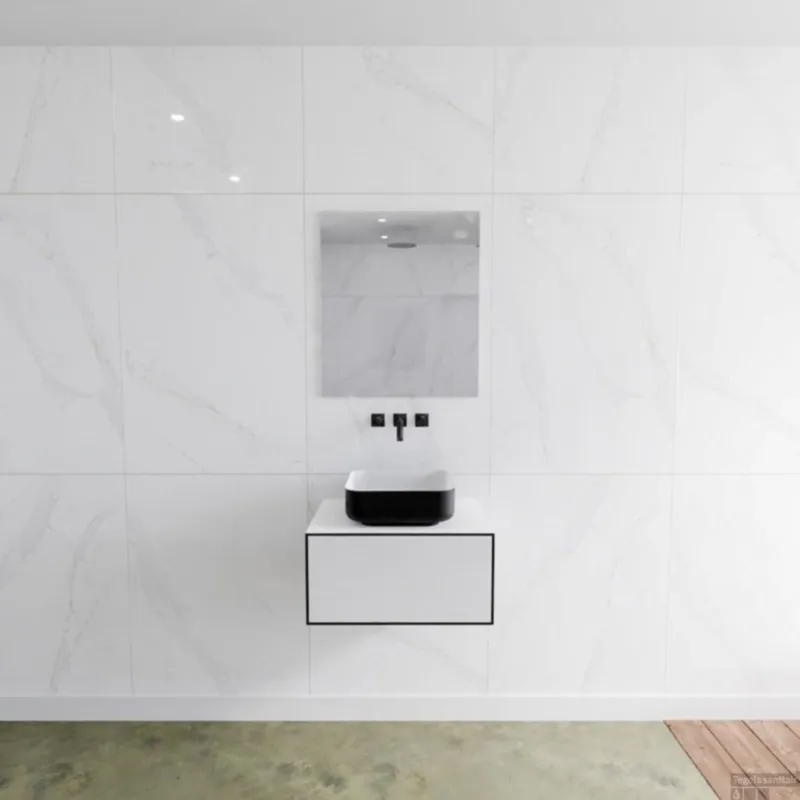 Populair Badkamermeubelset Mondiaz LAGOM 60 cm Topblad met Gecentreerde Wastafel Solid Surface Opzetkom Binx zonder Kraangat Mat Zwart (1 lade)