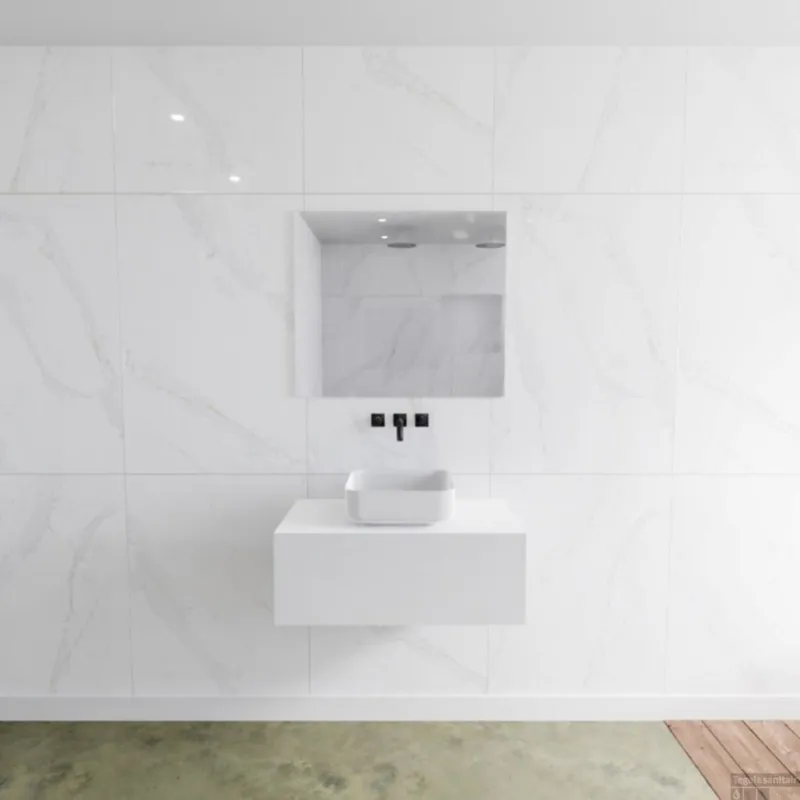 Badkamermeubelset Mondiaz LAGOM 80 cm met Topblad Gecentreerde Wastafel Solid Surface Opzetkom Binx Zonder Kraangaten Mat Wit (1 lade) Voordeelprijs
