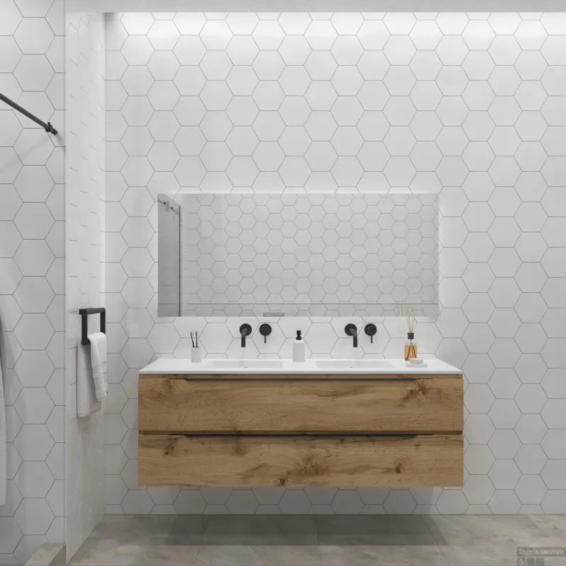 Lage Kosten Badkamermeubelset Gliss Design Hera Mat Zwart 180cm 4 Laden Rustiek Eiken (Keuze Wastafel)