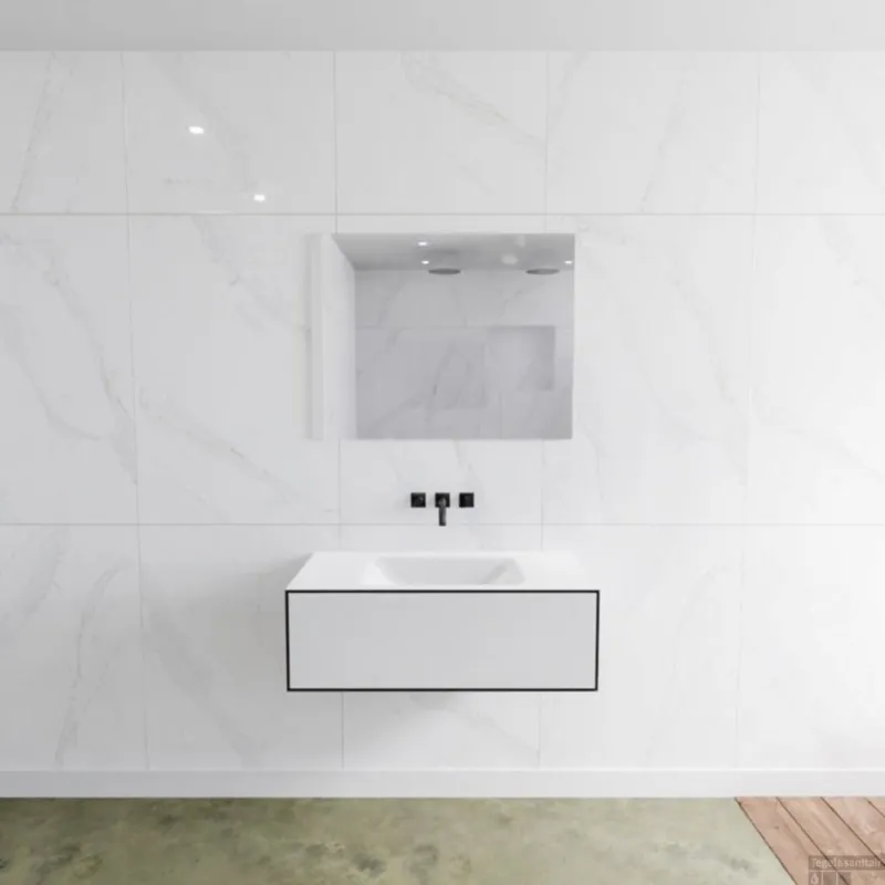 Gereduceerde Prijs Badkamermeubelset Mondiaz LAGOM 90 cm met Gecentreerde Wastafel Solid Surface Zonder Kraangaten Mat Wit (1 lade)