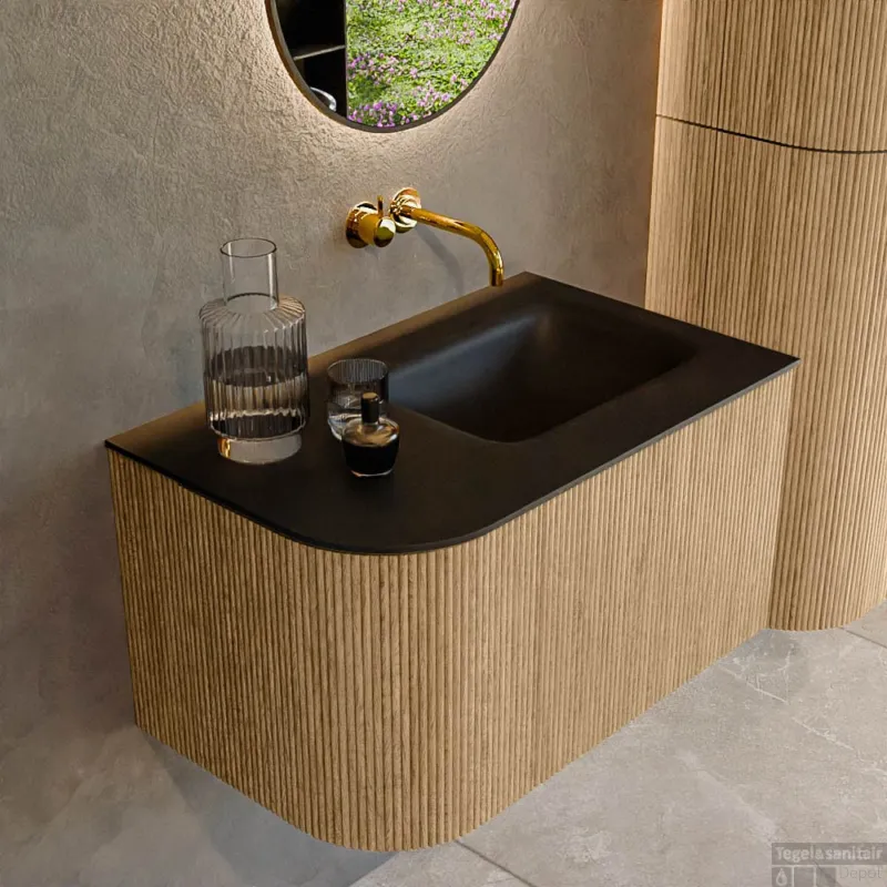 Nu Kopen Mondiaz KURVE 75 cm Onderkast Greeploos 1 Lade Met Deuren Oak, Wastafel Solid Surface Rechts Urban 0 Kraangaten Zonder Spiegel (KRVGRU75L1L1D0KR-Oak/Urb)