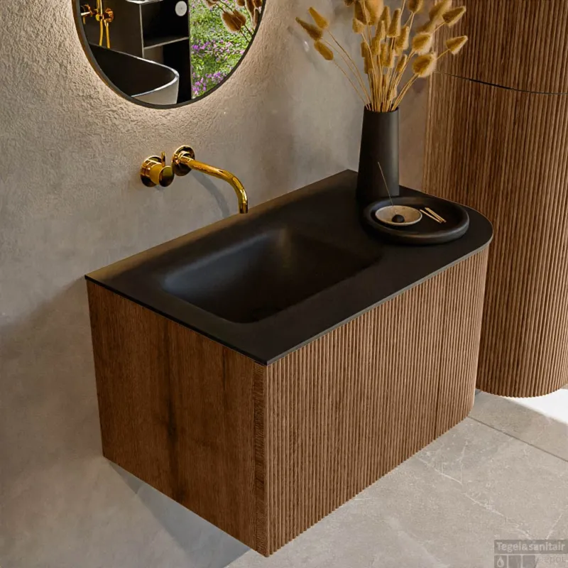 Beperkte Voorraad Mondiaz KURVE 75 cm Onderkast Greeploos 1 Lade Met Deuren Walnut, Wastafel Solid Surface Links Urban 0 Kraangaten Zonder Spiegel (KRVGRU75R1L1D0KL-Wal/Urb)