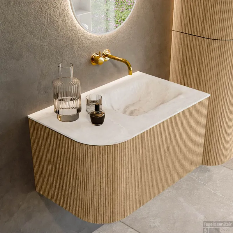 Mondiaz KURVE-DLUX 75 cm Onderkast Greeploos 1 Lade Met Deuren Oak, Wastafel Solid Surface Rechts Frappe 0 Kraangaten Zonder Spiegel (KRVGRU75L1L1D0KR-Oak/Fra) Gereduceerde Prijs