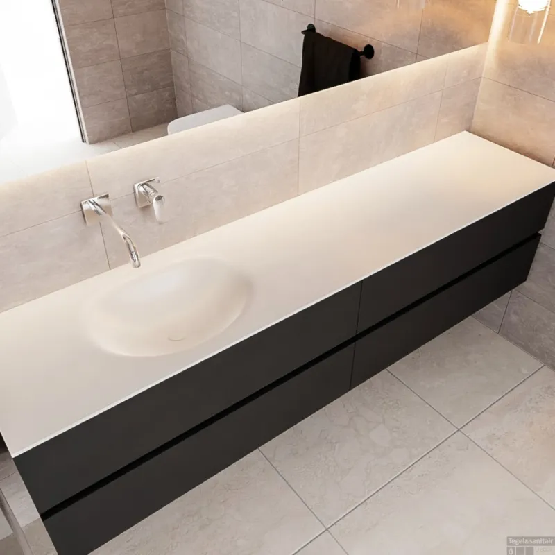 Must-Have Badkamermeubel Solid Surface BWS Stockholm 200x45 cm Mat Zwart Urban Links (0 kraangaten, 4 lades)