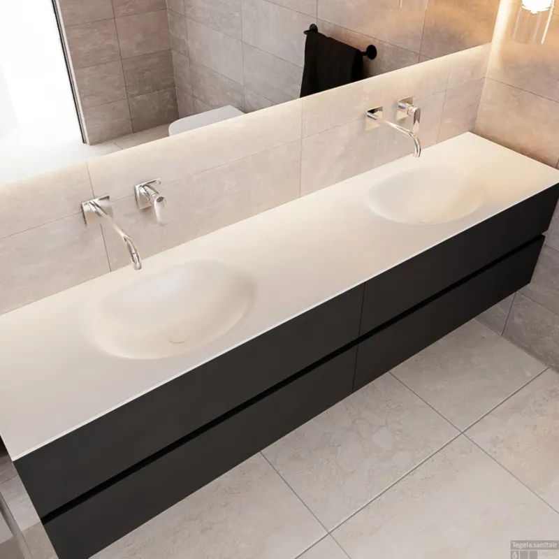 Badkamermeubel Solid Surface BWS Stockholm 200x45 cm Mat Zwart Urban Dubbel (0 kraangaten, 4 lades) Betaalbaar