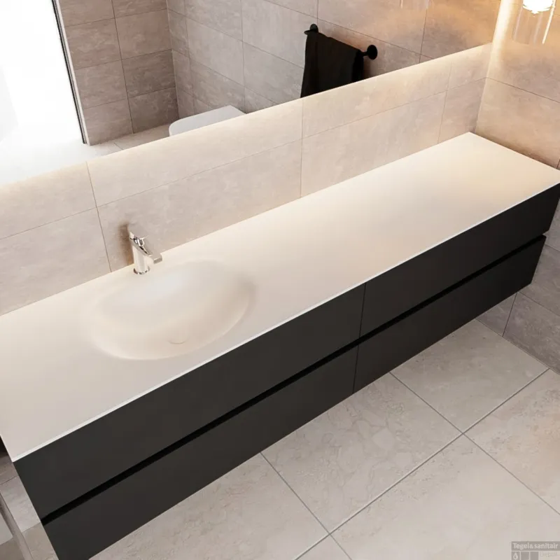 Badkamermeubel Solid Surface BWS Stockholm 200x45 cm Mat Zwart Urban Links (1 kraangat, 4 lades) Finale Uitverkoop