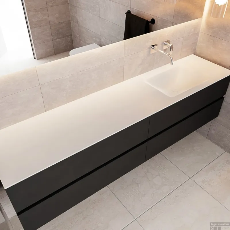 Express Levering Badkamermeubel Solid Surface BWS Oslo 200x45 cm Mat Zwart Urban Rechts (0 kraangaten, 4 lades)