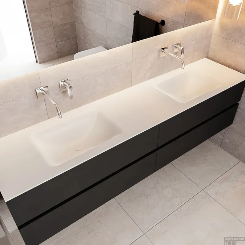 Flitsaanbieding Badkamermeubel Solid Surface BWS Oslo 200x45 cm Mat Zwart Urban Dubbel (0 kraangaten, 4 lades)
